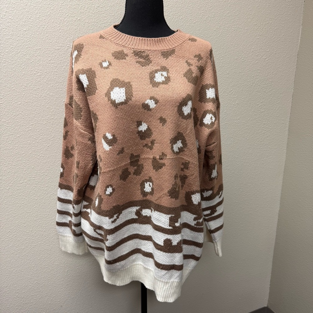 Southern Stitch Leopard Sweater XXL Tan Brown Cream Striped Hem Cozy - Picture 2 of 9